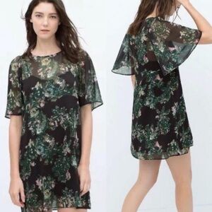 NWT Zara Sheer Black and Green Floral Flutter Chiffon Babydoll Dress With Slip